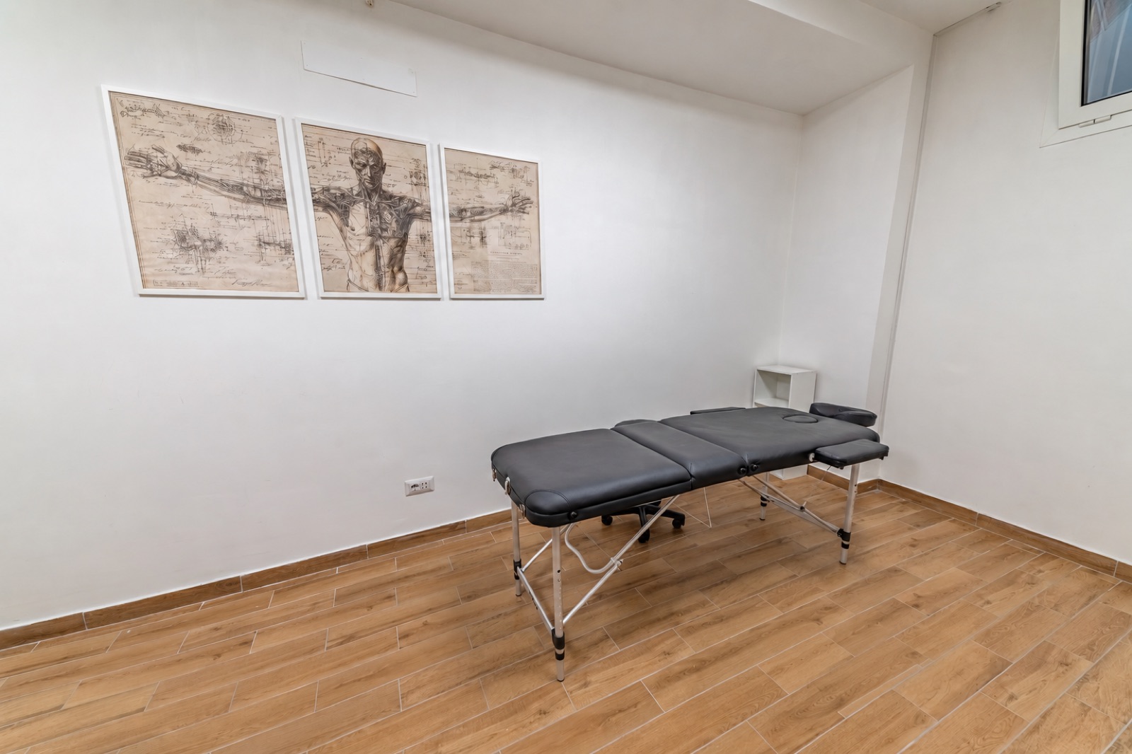 Lettino osteopatico davanti alle tavole anatomiche